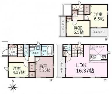 建物面積:95.28平米（車庫面積1.93平米含む）、全室2面採光3SLDK